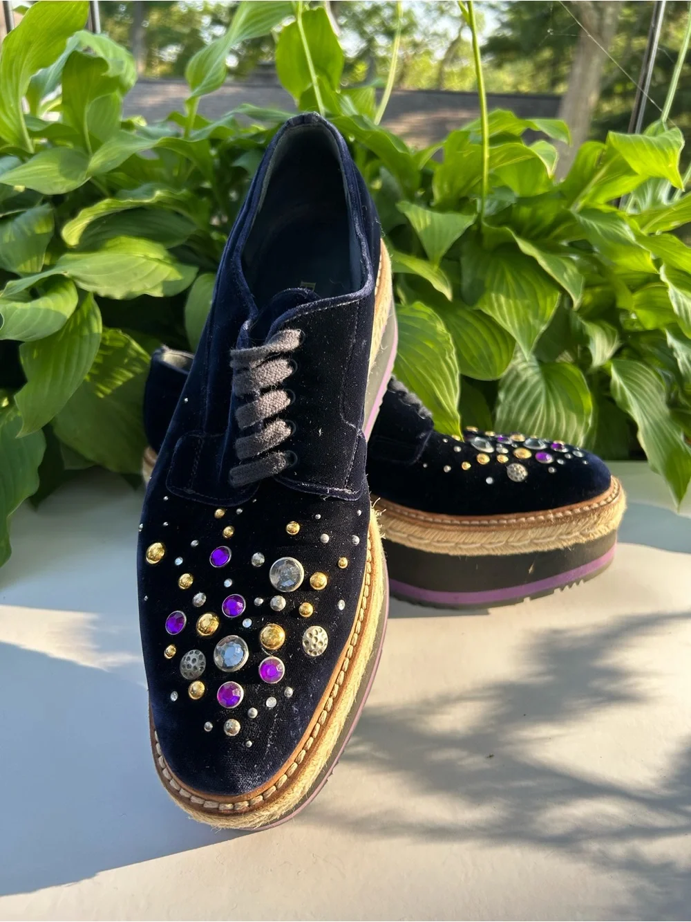 PRADA Velvet Platform Oxford Espadrille Embellished Crystals Shoes Size 40